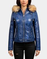 Women Detachable Hoodie Biker Leather Jacket Lily Radiant Blue